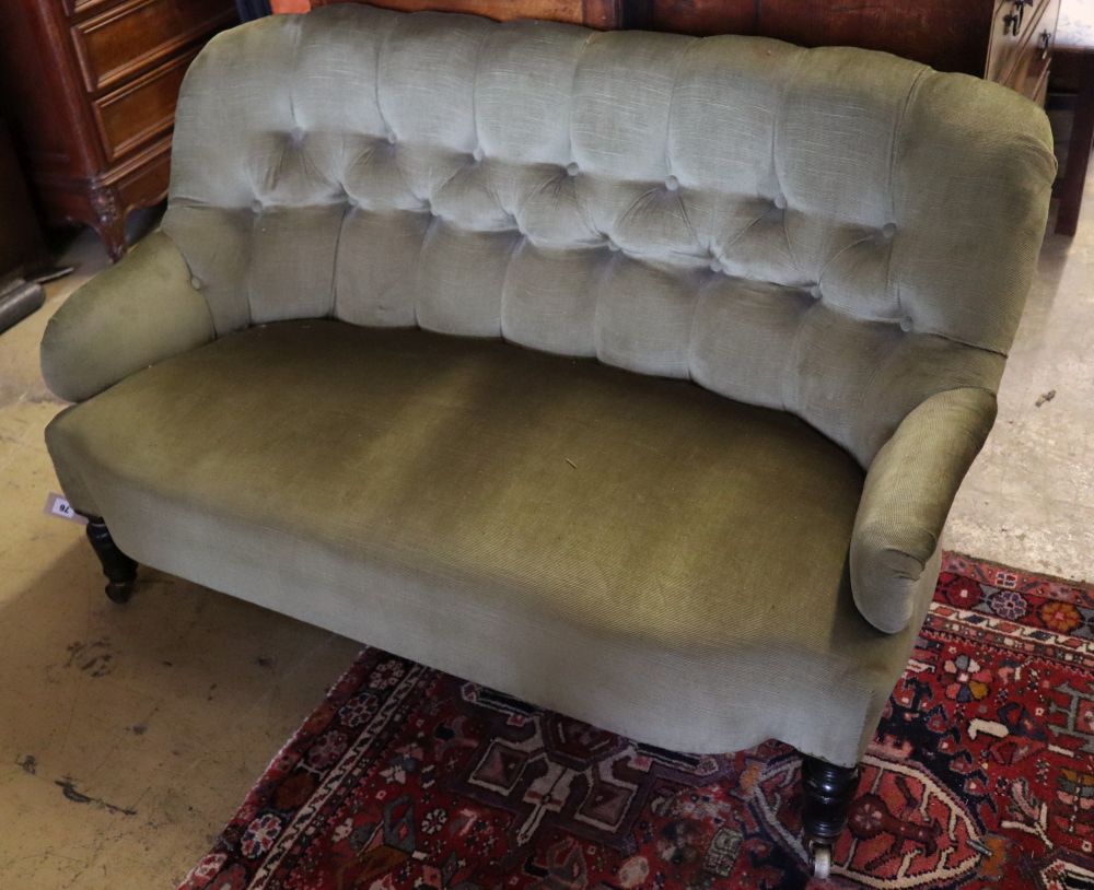 A late Victorian two-seater sofa upholstered in green corduroy, width 130cm depth 70cm height 80cm